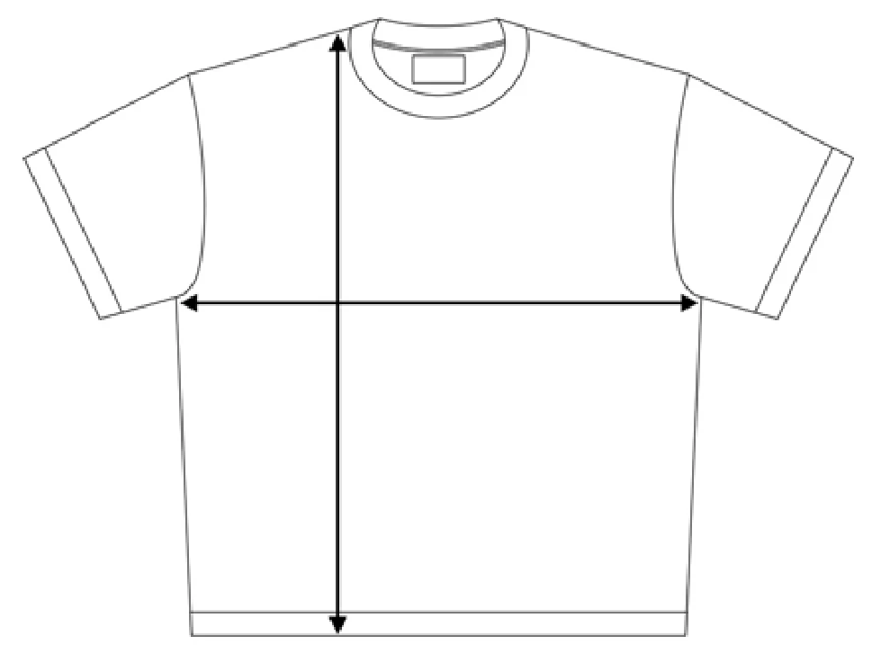 Diagram showing where length and width are measured on the t-shirt